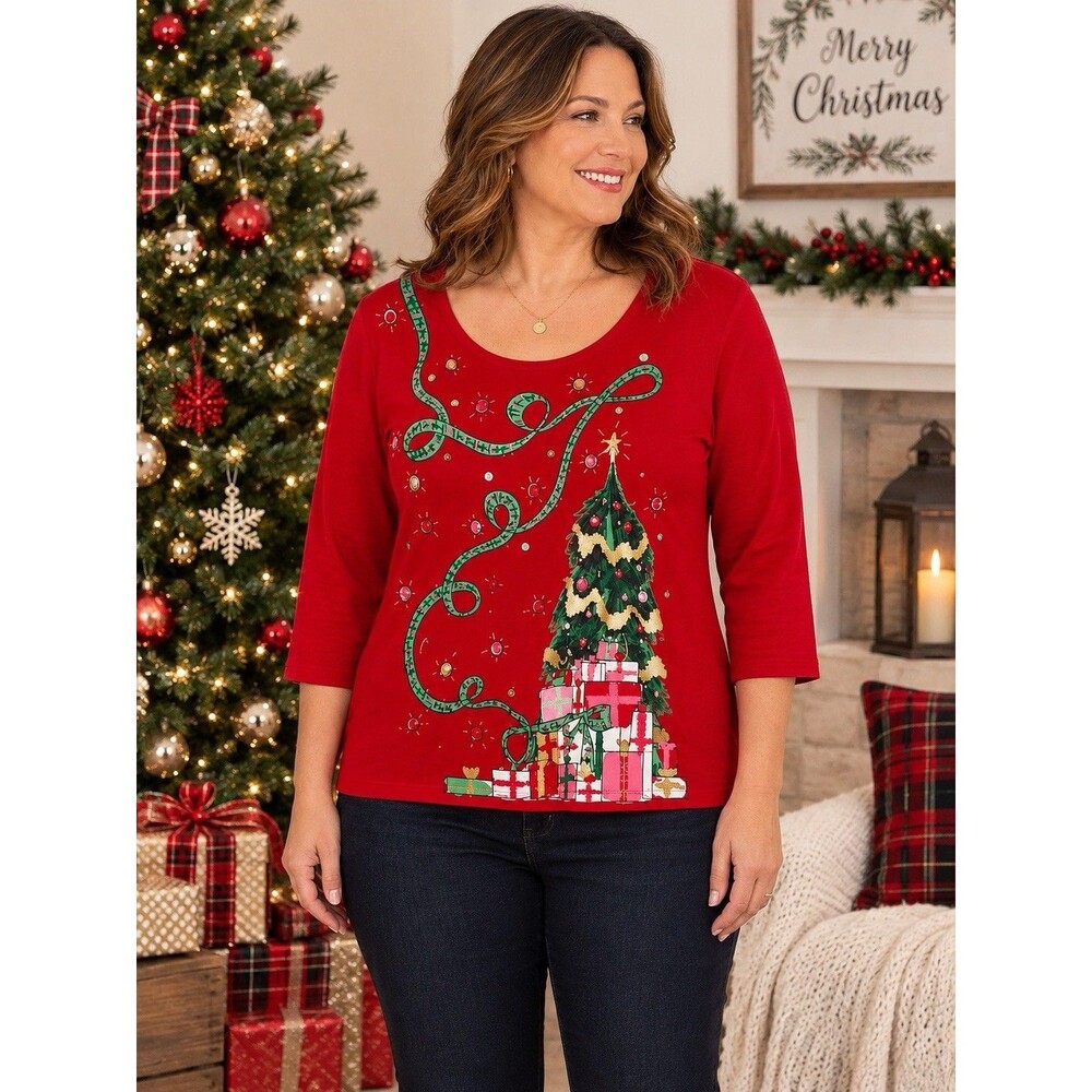 Ruby Rd Womens Large Red Christmas Tree Presents Embellished Holiday Top Blouse